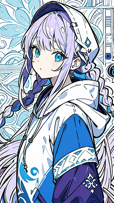 Line art, masterpiece, highest quality, Super Detail、Braid、Oversized hoodie,Light purple hair、Beautiful bright blue eyes,