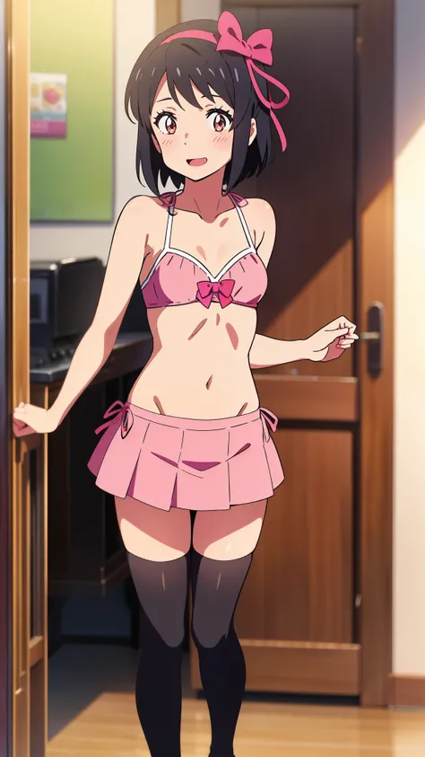 shinkai makoto, kimi no na wa., 1girl, bangs, black hair, blush, brown eyes, idol, idol clothes, collarbone, red headband, red ribbon, bow hair ornaments, pink bikini, pink skirt, short skirt, black thighhighs, short hair, smile, cute, solo, open mouth, in...