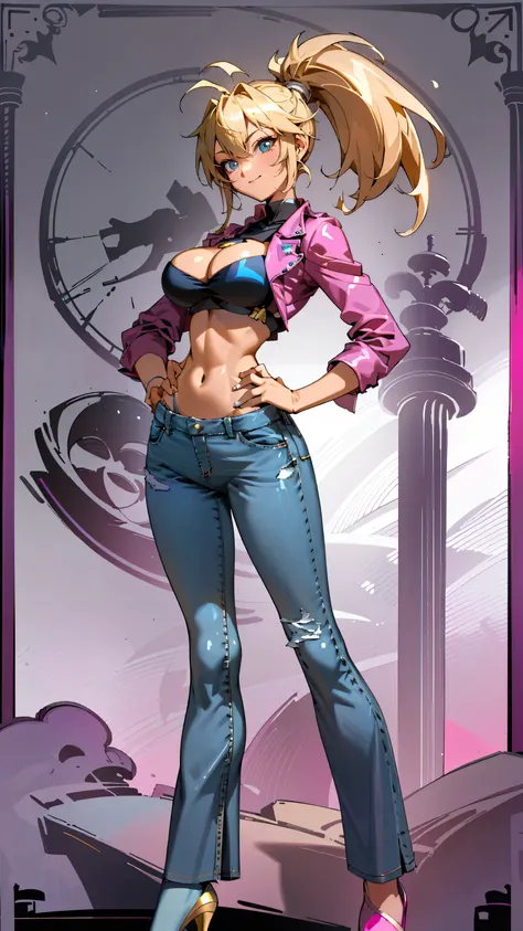 Masterpiece, best quality, Masterpiece, best quality, 1 woman  , blue eyes , yellow ponytail , Pink Chest Island , sly face , smile ,  Jeans shorts , abdomen, big breasts , Long legs , pink high heels , hands on hips , tall building , building