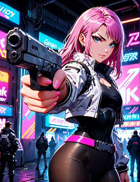 (best quality,high quality,1girl,lovely,cute,white jacket,solo focus,grey eyes,beautiful detailed eyes,beautiful detailed face,perfect hands,complete fingers,perfect anatomy,perfect proportions,ultra long pink hair,detailed shadows,detailed,cyberpunk,neon)...