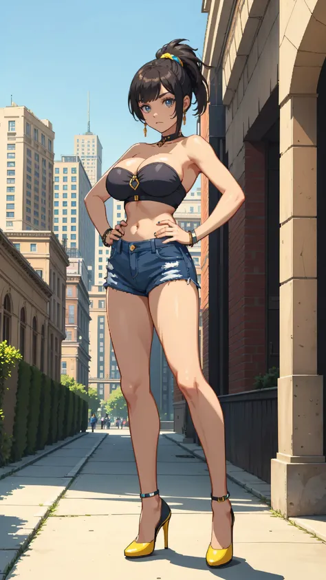 Masterpiece, best quality, Masterpiece, best quality, 1 woman , blue eyes , Yellow ponytail , Strapless shirt , sly face , smile , Jean Shorts , abdomen, big breasts , Long legs , high heels , hands on hips , tall building , building