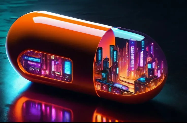 orange pill, part that is transparent, revelando uma vibrante paisagem urbana cyberpunk por dentro, The cyberpunk city is depicted with neon lights, imposing skyscrapers, E tecnologia futurista, offering a dynamic and complex urban setting, The city&#39;s ...