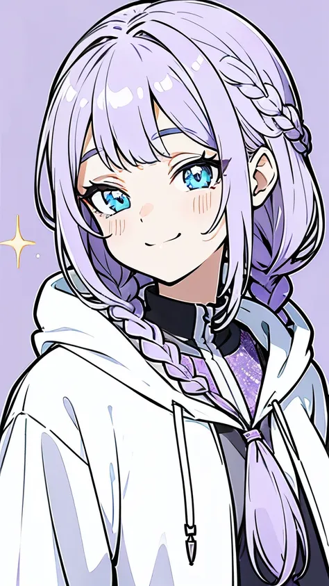 Line art, masterpiece, highest quality, Super Detail、Braid、Oversized hoodie,Light purple hair、Beautiful bright blue eyes,smug face,Sparkly Background