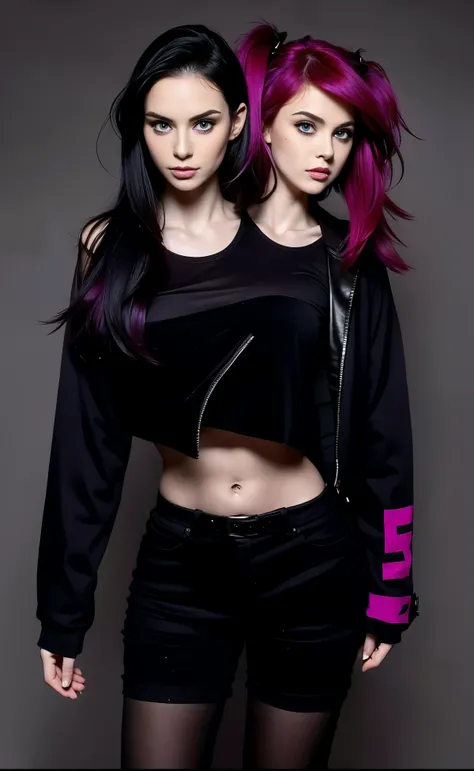 2heads, two headed woman, age 24, pale skin, short black hair with magenta streaks in front, punk rock fashion,