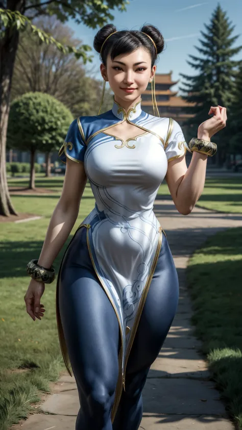 chunli, double bun, ribbons, china dress, gold-trim, bracelets, leggings, looking at viewer, serious, smiling, standing, outside...