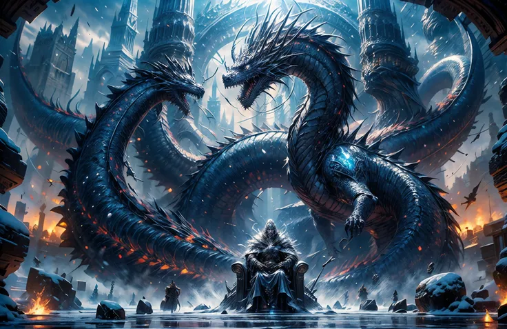 (best quality,4k,high resolution,masterpiece:1.2),wide shot, Ice throne,knight in the ancient armour sitting on the ice throne,armour with runes on it,lich king,blue mist floating in the air,eyes shining blue,the huge glorious bone dragon on the background...