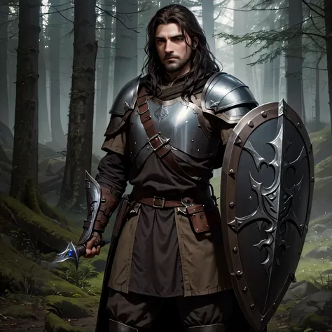 soldier with shoulder length dark brown hair, brown stubble, wearing plate armor, a sword in his right hand and a shield in his ...