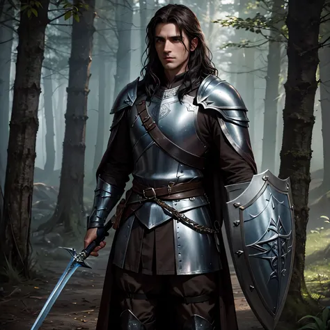 soldier with shoulder length dark brown hair, brown stubble, wearing silver armor of knight on his whole body, a elvish sword in...