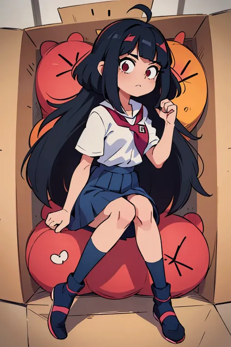 anime girl , pelo negro con un parde coletas largas (falda corta color rosa) (falda levanta) (bragas azules con rayas) colegiala (con media hasta las piernas (calcetas largas)