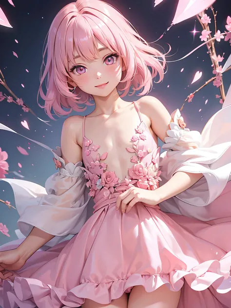 Very detailed CG Unity 8K wallpaper, Cute One lady, Mature hair、lady ,beautiful lady, pale skin (Super masterpiece, Beautiful person, well detailed face polluted smile, Photorealistic, hyper realisitic), 
(Pink gorgeous dress:1.7)、 smile、
Japanese backgrou...