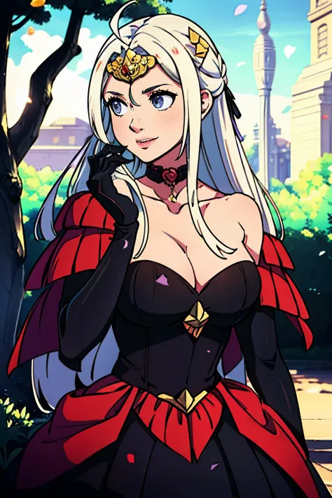 Edelgard FE,  hair between eyes, ahoge, blonde hair, star (symbol), hair ornament, ruffled tulle dress, cleavage, bare shoulders, collarbone, long black elbow gloves, black gloves, black dress, black choker, strapless, tiara, veil, strapless dress, princes...