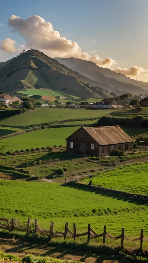 take a photo of a farm, com plantas ao fundo, e uma casa rustica feita de madeira, com raios de sol passando pelas nuvens