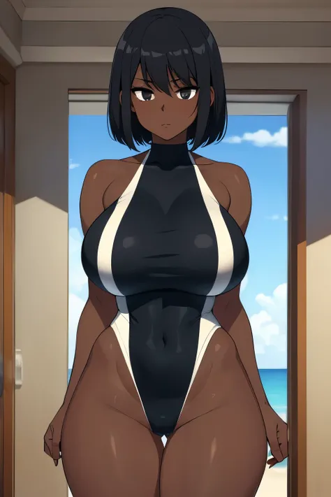 (Masterpiece, Best quality:1.1), (very dark skin), (african), black hair, seductive look, shy, has a deep secret, viewer_pov, black eyes, white swimsuit, one-piece swumsuit, huge breasts