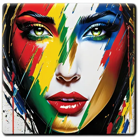 High quality, a work of abstract art by a legendary painter, like a girl face with a touch of pencil sketching, has soul, red, gold, yellow, blue and green, hard lsquare, lightning solid cover and shiny