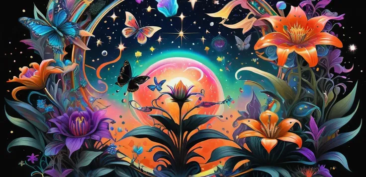 there is a picture of a flower garden with butterflies and flowers, psychedelic floral planets, whimsical and psychedelic, psych...