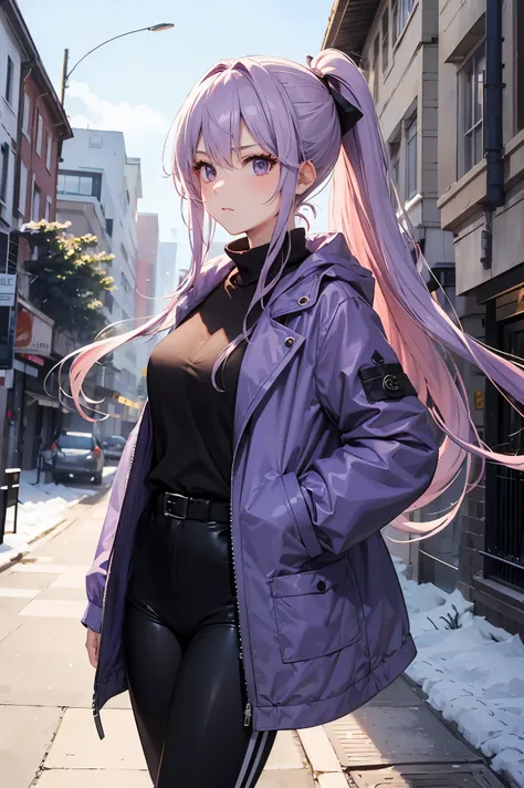 long hair, ponytail, lilac hair, purple winter coat, black leggings, serious, mature female