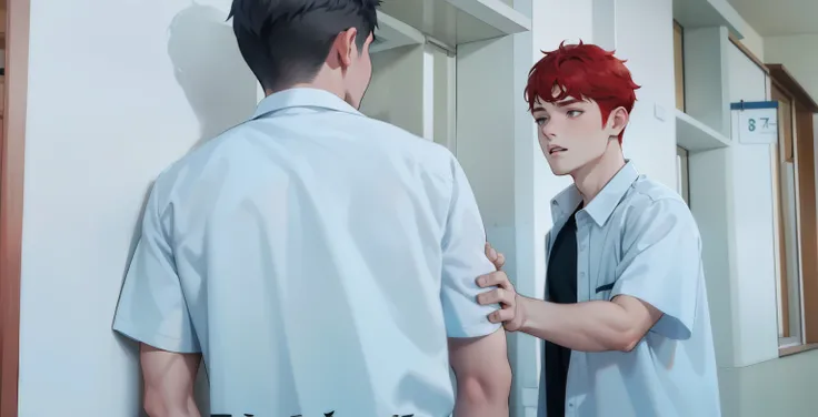 There are two boys, one with red hair and the other with gray hair, they are 17 years old, white shirt.