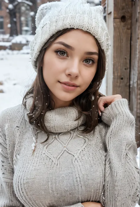 Very very very sexy girl, 1girl, solo, brunette hair, parted hair style, wearing long jumper, wearing a woollen beanie, body shot, Detailed skin, Detailed Face, Detailed Lips, Detailed Eyes, light make up, seductive smile, happy, textured skin, super detai...