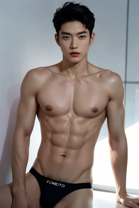 ((best quality)), (detailed), perfect face, HOMEM COREANO, SEM CAMISA, rosto bonito, PEITO MUSCULAR, volume na cueca, protuberance, grande, futurista, Corpo magro, rouco, magro, big nice protuberance, lindo ator coreano, poses sensuais, sensual, blushing r...