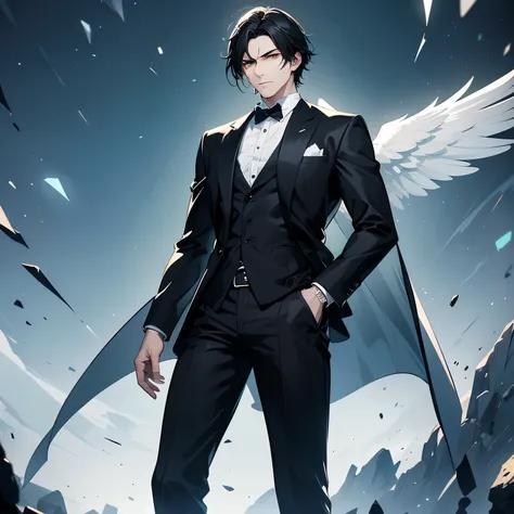 A 30-year-old man, with short elegant black hair, his skin is pale and his green diamond-type eyes, he has a funny and calm expression, he is a businessman, he dresses in black, very marked features and masculine, he is attractive but looks Serious and arr...