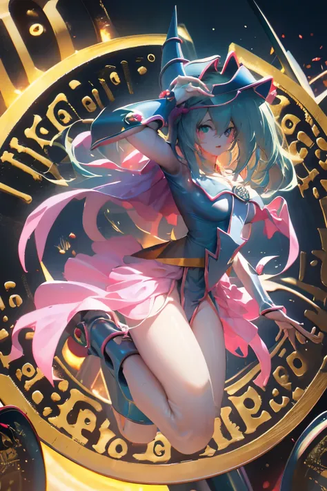 Hatsune Miku disfrazada de dark magician gils. Pose sensual y seductora. Fondo de magia 