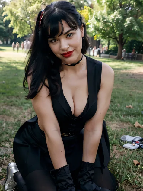 beautiful girl that looks like Bettie page, smile, updo, ponytail hair, red lipstick ,black long maxi-skirt(black long maxi-skirt:1.2), (( long black satin gloves)),high boots, ((and a long woolen vest )), flirting with the camera, hand bag on her shoulder...