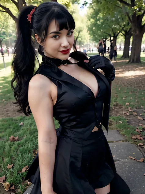 beautiful girl that looks like Bettie page, smile, updo, ponytail hair, red lipstick ,black long maxi-skirt(black long maxi-skirt:1.2), (( long black satin gloves)),high boots, ((and a long woolen vest )), flirting with the camera, hand bag on her shoulder...