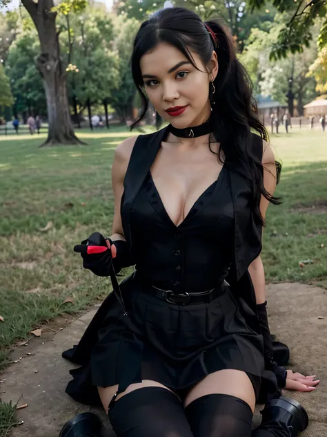 beautiful girl that looks like Bettie page, smile, updo, ponytail hair, red lipstick ,black long maxi-skirt(black long maxi-skirt:1.2), (( long black satin gloves)),high boots, ((and a long woolen vest )), flirting with the camera, hand bag on her shoulder...