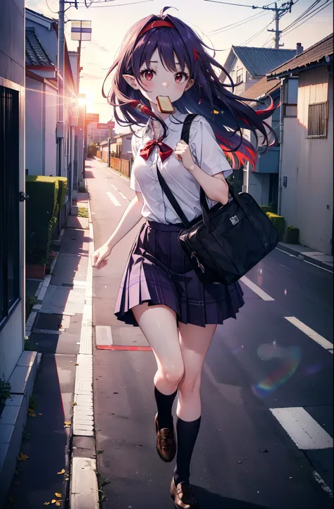 yuukikonno, Yuki Konno, hair band, Long Hair, Pointy Ears, Purple Hair, (Red eyes:1.5), (Small breasts:1.2), smile,White Y-shirt,Purple vest,Short sleeve,Purple pleated skirt,Black socks,Brown Loafers,Toast in the mouth, running, City Street,morning,mornin...