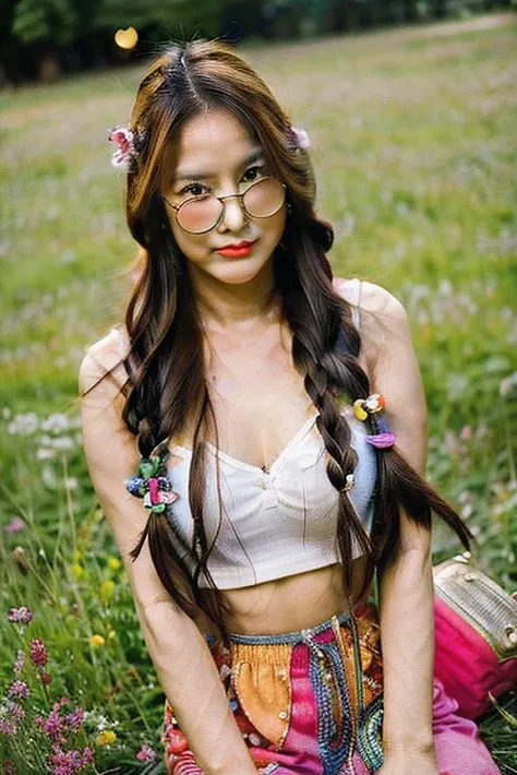 Beautiful hippie Thai of Vietnam girl from the 60s individual. She is red lips and big breasts "size cup E" and has messy red braids with colorful knitted bows and large glasses, she wears long hippie pants, a very very short colorful sleeveless shirt, wea...