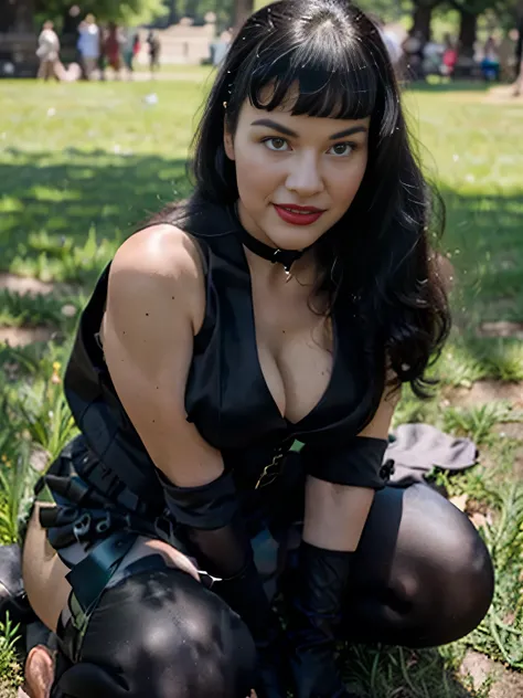 beautiful girl that looks like Bettie page, smile, updo, ponytail hair, red lipstick ,black long maxi-skirt(black long maxi-skirt:1.2), (( long black satin gloves)),high boots, ((and a long woolen vest )), flirting with the camera, hand bag on her shoulder...