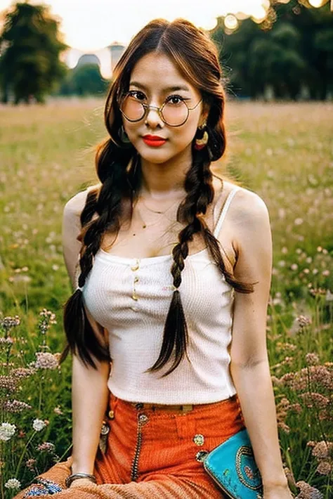 Beautiful hippie Thai of Vietnam girl from the 60s individual. She is red lips and big breasts "size cup E" and has messy red braids with colorful knitted bows and large glasses, she wears long hippie pants, a very very short colorful sleeveless shirt, wea...