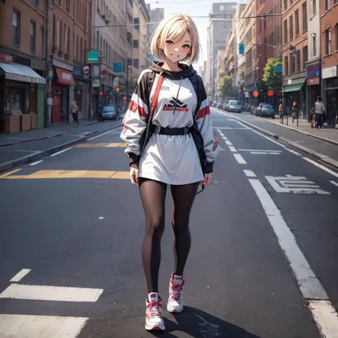 16-year-old girl,whole body,Grin,Short blonde bob hair,Sports Casual,Oversized tops,five quarter spandex,sneaker boots