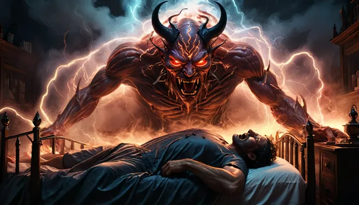 create the image of a man sleeping in a bed, a sinister room, and a mythological demon attacking the man while he sleeps, includ...