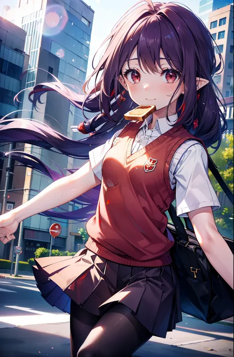 yuukikonno, Yuki Konno, hair band, Long Hair, Pointy Ears, Purple Hair, (Red eyes:1.5), (Small breasts:1.2), smile,White Y-shirt,Sweater vest, (紫色 Sweater vest:1.5),,Short sleeve,Purple pleated skirt,black tights,Brown Loafers,Toast in the mouth, running, ...