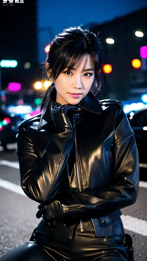 black leather rider jacket, Office in the Dark, Black leather gloved fingertips on both hands,Wearing black leather gloves,Sitting in a black leather chair、 Japanese female new recruits (Black leather gloves cover both hands) (The angle is horizontal)、Blac...