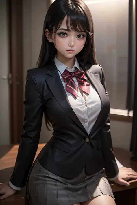 High school girl blazer, (software:1.8, masterpiece, highest quality), 1girl, breasts, realistic, nude, solo, black hair, looking at viewer