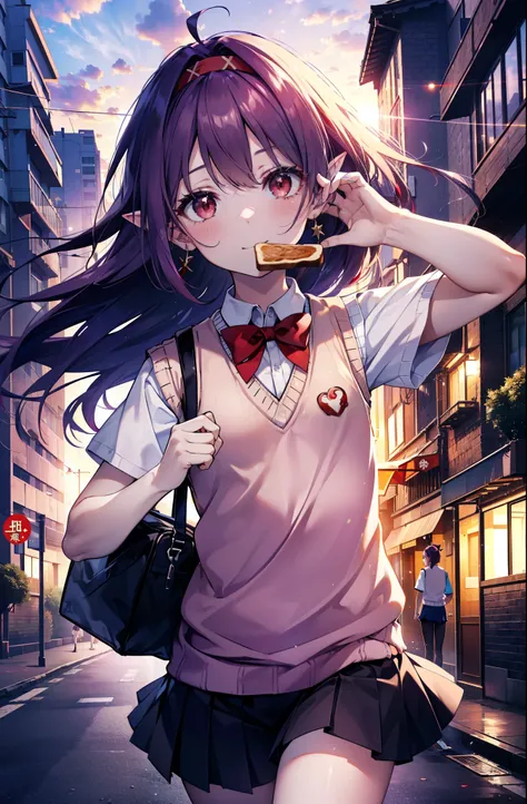 yuukikonno, Yuki Konno, hair band, Long Hair, Pointy Ears, Purple Hair, (Red eyes:1.5), (Small breasts:1.2), smile,White Y-shirt,Sweater vest, (紫色 Sweater vest:1.5),,Short sleeve,Purple pleated skirt,black tights,Brown Loafers,Toast in the mouth, running, ...