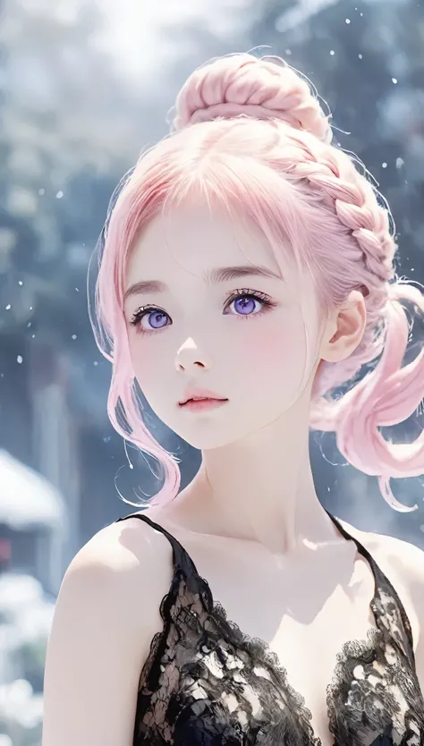 (((Blurred Background、Watercolor style background)))、One Girl、１６talent、anatomy、Pale pink eyes、Loosely braided low ponytail、Light pink hair、Small breasts、Black Dress Open Neck Dress、Sheer lace dress、Translucency、Random Pause、highest quality、High resolution、...