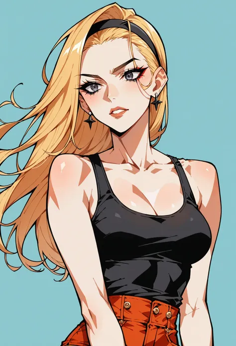 score_9, score_8_up, score_7_up, rating_safe, adult woman, tight black cami tank top:1.2, very pale skin, earrings, long blonde ...