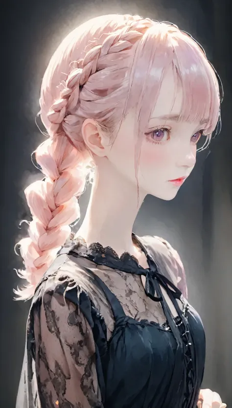 (((blurred background、watercolor style background)))、one girl、１６talent、anatomy、pale pink eyes、loosely braided low ponytail、light...