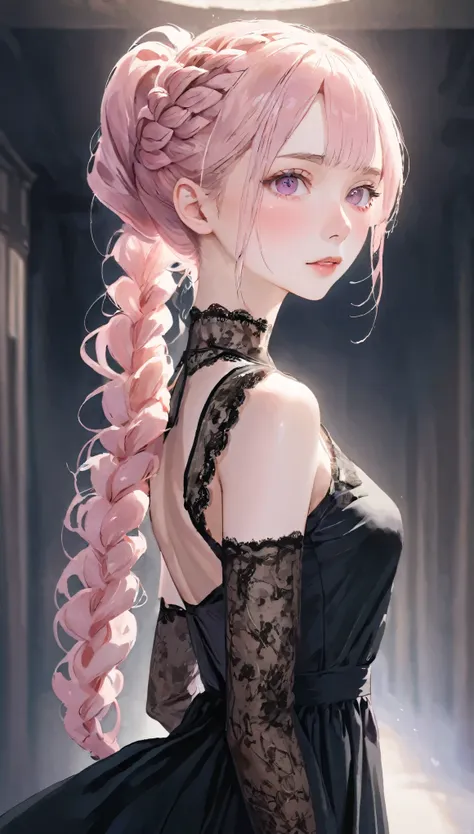 (((Blurred Background、Watercolor style background)))、One Girl、１６talent、anatomy、Pale pink eyes、Loosely braided low ponytail、Light pink hair、Small breasts、Black Dress Open Neck Dress、Sheer lace dress、Translucency、Random Pause、highest quality、High resolution、...