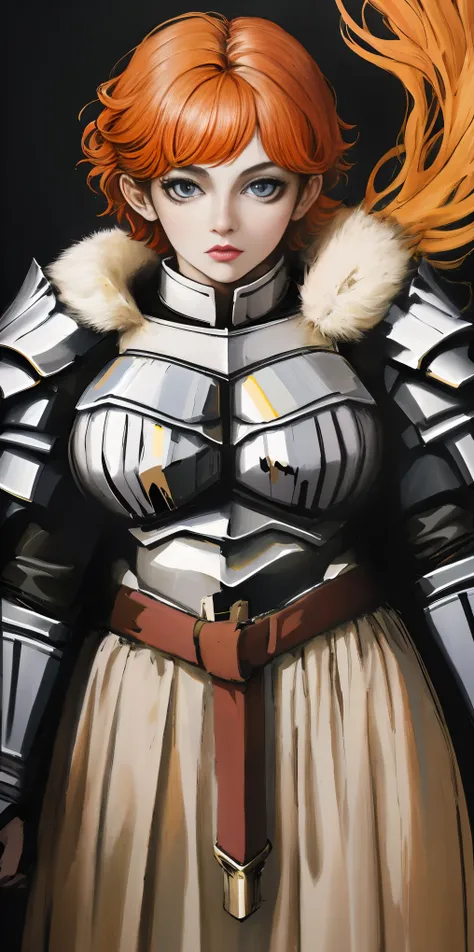 funger, very detailed illustration, 1girl, big breasts, high res high quality, masterpiece, looking at viewer, (knight), orange hair, absurdness, ultra-detailed, short hair