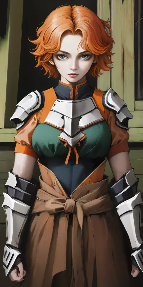 funger, very detailed illustration, 1girl, big breasts, high res high quality, masterpiece, looking at viewer, (knight), orange hair, absurdness, ultra-detailed, short hair