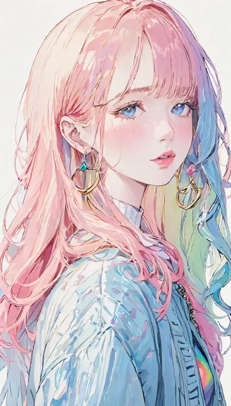 rainbow, One Girl, alone, Long Hair, View your viewers, Blue Eyes Background, White Background, jewelry, Mouth closed, Jacket, Upper Body, Pink Hair, Earrings, Pink Eyes, necklace, From the side, sweater, lips, eyelash, compensate, Wavy Hair, Earrings, cro...