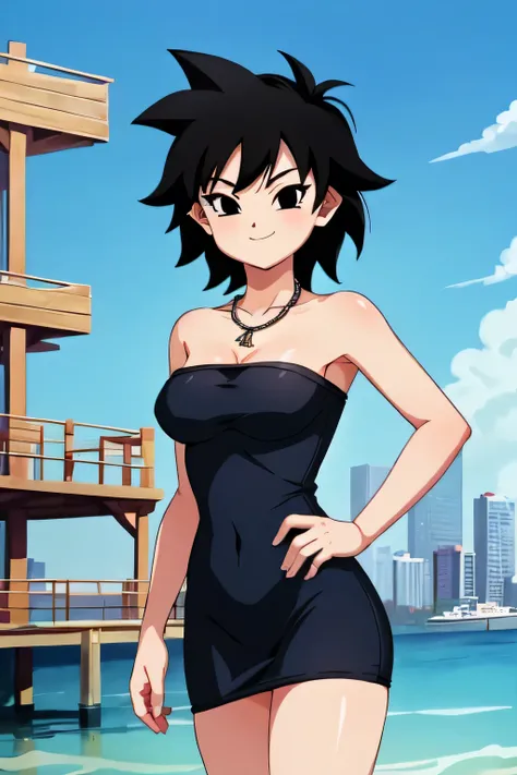 gine, 1girl, sunlight, solo, closed, blue sky, black hair, black eyes, city, bare shoulders, medium breast, collarbone, cowboy shot, short hair, looking at viewer, smile, looking at viewer, spiked hair, strapless black tube dress, necklace, pier, docks, le...