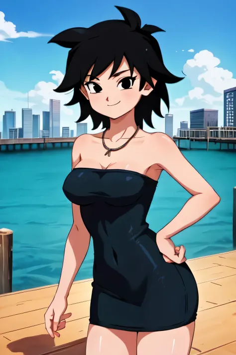 gine, 1girl, sunlight, solo, closed, blue sky, black hair, black eyes, city, bare shoulders, medium breast, collarbone, cowboy shot, short hair, looking at viewer, smile, looking at viewer, spiked hair, strapless black tube dress, necklace, pier, docks, le...