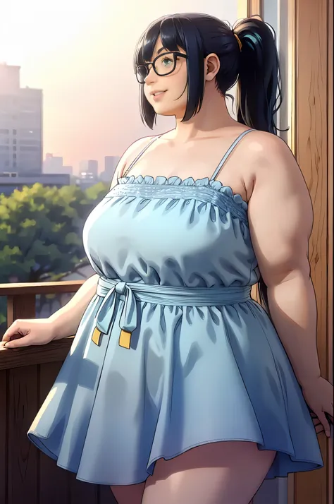 1girl, masterpiece, ((skinny girl, fat arms)), ((sagging chest)), best quality, realistic face, black and blue hair with bangs and ponytail, large glasses, , , , green eyes, nose ring, chubby cheeks, long nose, low nose, high lips, dark eyebrows, ((trad bl...