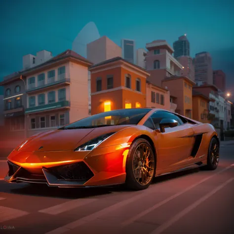 a lamborghini gallardo, color orange the streets of city miami, exquisite detail, taken with long exposure to capture the moveme...