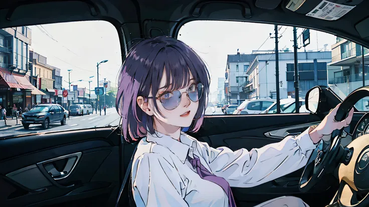 car、inside the car、driving seat、beautiful asian girl with purple hair, view of the city from the window, perfect face, sunglasse...